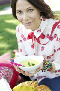 Phebe with bowl of Summer Corn & Squash Soup